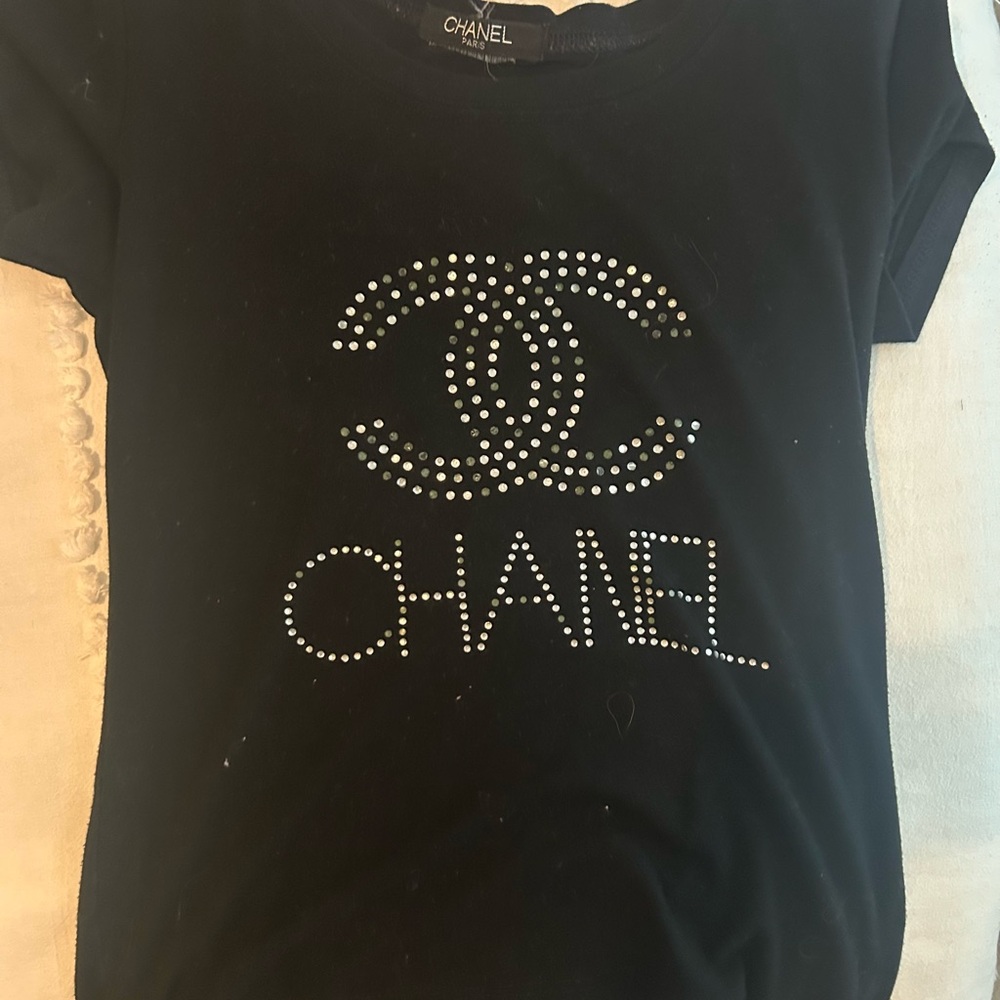 CHANEL Black Short Sleeve Tees with Rhinestone Embellishments